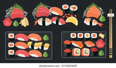 Surtido de sushi sobre fondo oscuro con palillos