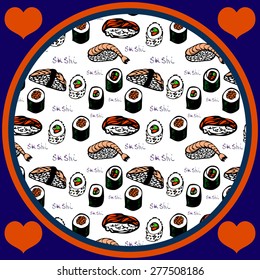 Sushi background. Lovely sushi colorful pattern with hearts.