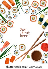 Sushi background with sushi sets, chopsticks, soy, wasabi and place for your text