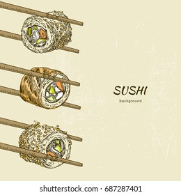 Sushi. Background. Three rolls and chopsticks. Engraving. Vintage style. Vector illustration.