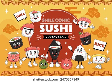 Sushi banner. Asian restaurant menu. Smiling cartoon characters. Salmon and shrimp sashimi. Cute rice roll. Manga onigiri. Comic wasabi. Kawaii Japanese seafood mascots. Vector doodle tidy cafe food