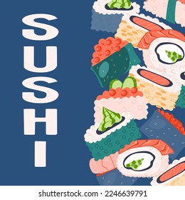 Sushi banner or flyer design, flat cartoon vector illustration. Japanese sushi seafood restaurant bar poster, signboard, asian cuisine menu design.
