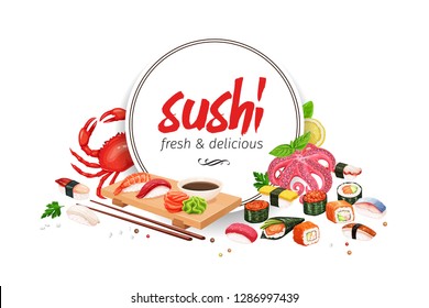 Sushi banner, japanese food for design asian cuisine promotion design. Vector illustration.