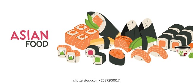 Sushi banner. Japanese food frame. Rice and salmon fish. Seafood restaurant menu. Different Maki, nigiri and sashimi. Temaki and gunkan. Asian cuisine. Vector cartoon flat isolated illustration