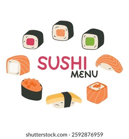 Sushi banner. Japanese food frame. Rice and salmon fish. Seafood restaurant menu. Different Maki, nigiri and sashimi. Temaki and gunkan. Asian cuisine. Vector cartoon flat isolated illustration
