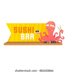 Sushi banner, labels, logo. Cute octopus. Vector. 