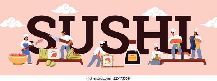 Sushi Banner Or Poster Template With Huge Inscription And Tiny People Characters, Flat Cartoon Vector Illustration. Background Mockup For Japanese Sushi Restaurant.