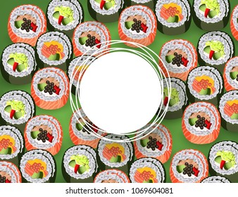 Sushi banner with rolls pattern on green background and white round empty space for text - realistic japanese traditional seafood restaurant concept design. Vector illustration.
