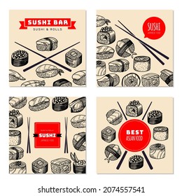 Sushi banners. Rolls with rice and fish with sauces wasabi natural japanese authentic cuisine recent vector hand drawn backgrounds