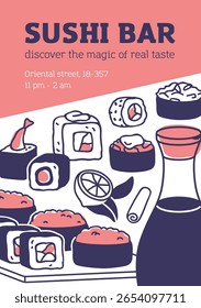 Sushi bar, design de cartaz. Restaurante do Japão, café asiático com cozinha japonesa, modelo de folheto de promoção. Fundo de banner de publicidade, cartão promocional, tipografia com rolos. Ilustração de vetor plano