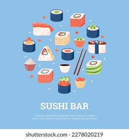 Sushi bar advertising poster, flat vector illustration. Set of various sushi, rolls, maki and sashimi with wasabi and soy sauce. Sushi restaurant banner, traditional Japanese cuisine.
