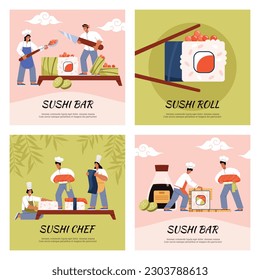 Sushi bar advertising posters set, flat vector illustration. Social media post template with professional chefs making sushi and rolls. Tiny characters cooking traditional japanese cuisine.