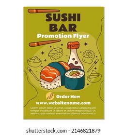 Sushi Bar Asian Food Promo Flyer Poster Template Concept. Vector Flat Cartoon Design Element Illustration