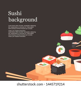 Sushi bar background banner vector illustration. Japanese cuisine in cartoon style. Asian food wirh rice. Salmon and flying fish. Traditional national dishes for menu, advertisement.