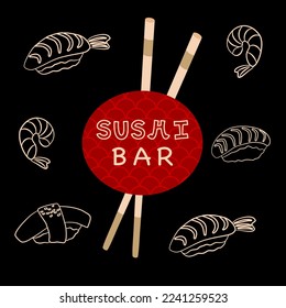 Sushi bar banner with dark background and square composition. Japanese restaurant advertise poster.

