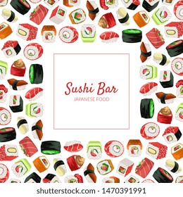 Sushi Bar Banner Template, Japanese Seafood Business Card with Asian Food Seamless Pattern Vector Illustration