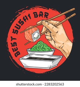 Sushi bar colorful vintage logotype with California roll and soy sauce near hand using chopstick seating vector illustration - Shutterstock ID 2283202563