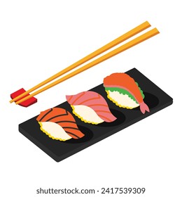 Sushi bar with cuts of various flavors and types of fish, along with a sushi plate and brown chopsticks. Vector illustration of Japanese Oriental cuisine