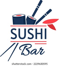 Sushi bar emblem, traditional japanese food, seafood restaurant, isolated on white, design, in cartoon style vector illustration.