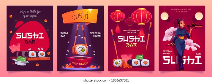 Sushi bar flyers with japanese food, red asian lanterns and waitress in kimono. Vector cartoon set of advertising posters for cafe or restaurant with rolls, rice and seafood