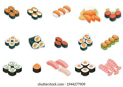 Sushi bar food collection in ukiyo-e style, Japanese food different type vector Illustration on white Background