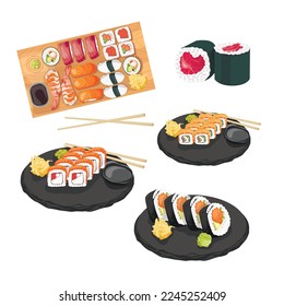 Sushi bar food collection in ukiyo-e style, Japanese food and sushi set.