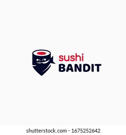 
Sushi bar food logotype. Japanese vector sushi restaurant roll icon. Asian delivery. Cartoon character illustration.