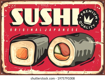 Sushi Bar Food Retro Sign With Traditional Japanese Sushi Rolls. Asian Cuisine Restaurant Poster Ad. Promo Vector Sign For Delicious Sushi Meal.