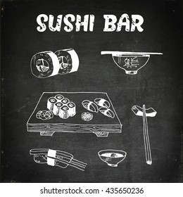 Sushi bar. Fresh fish and rice. Soy sauce with sticks. Hand drawn vector stock illustration. Chalk board drawing