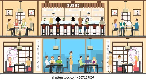 Sushi bar interior set. oriental style. Bar, tables and kitchen. Asian chefs and waitresses.