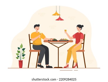 Sushi Bar Japan Asian Food or Restaurant of Sashimi and Rolls for Eating with Soy Sauce and Wasabi in Template Hand Drawn Cartoon Flat Illustration