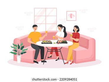 Sushi Bar Japan Asian Food or Restaurant of Sashimi and Rolls for Eating with Soy Sauce and Wasabi in Template Hand Drawn Cartoon Flat Illustration