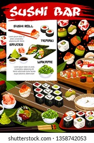 Sushi bar or japanese cuisine restaurant menu vector design. Seafood nigiri, rice and seaweed uramaki, philadelphia and california rolls with salmon fish and shrimp fillings, tuna temaki and gunkan