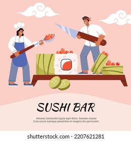 Sushi Bar And Japanese Cuisine Restaurant Banner Or Poster Mockup With Sushi Chefs Cartoon Flat Vector Illustration. Japanese Cuisine Cafe Or Restaurant Banner Template.