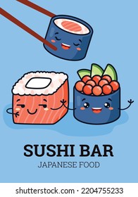 Sushi Bar Japanese Food Banner Or Poster Design With Cute Kawaii Rolls And Sushi Cartoon Characters, Flat Vector Illustration. Mockup For Japanese Restaurant.