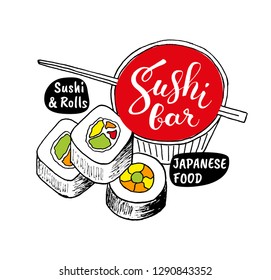 Sushi bar of Japanese food in a hand drawn style with lettering and shape of sushi, roll 