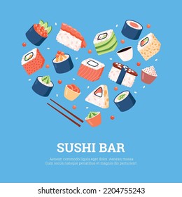 Sushi Bar Japanese Food Restaurant Banner Or Poster Design With Various Rolls And Sushi Types Laid In Heart Shape, Flat Vector Illustration. Mockup For Japanese Cuisine.