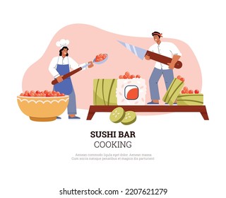 Sushi Bar Japanese Food Restaurant Banner Or Poster Design With Sushi Chefs Cooking Asian Restaurant Dish, Flat Vector Illustration. Mockup For Japanese Cuisine.