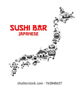 Sushi bar Japanese restaurant or Asian seafood cuisine poster in Japan map shape. Sashimi and sushi roll of salmon fish, bento tempura shrimp in rice and ramen noodles soup or chopsticks vector design