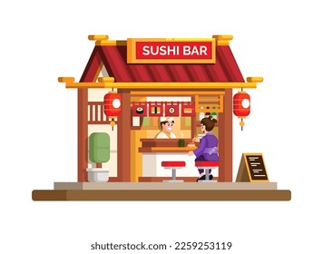 Sushi Bar restaurante japonés tradicional asiático símbolo de comida construcción de dibujos animados planos vector