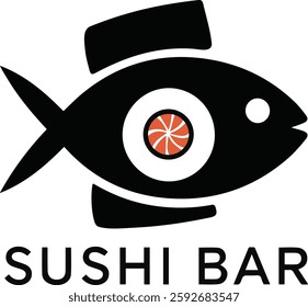 Sushi Bar Logo Design With Fish, Isolated In White Background Flat Logo. Sushi Logo. Sushi. Vector Illustration

