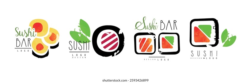 Sushi Bar Logo Design with Japanese Food Vector Set