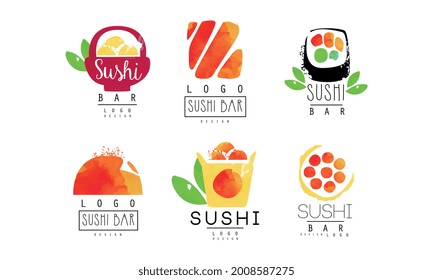 Diseño de logotipo de barra de sushi, etiquetas de restaurantes de comida japonesa Ilustración vectorial
