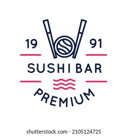 Sushi bar logo, icon. Chopsticks holding sushi roll icon designed for sushi bars and restaurants. Vector illustration