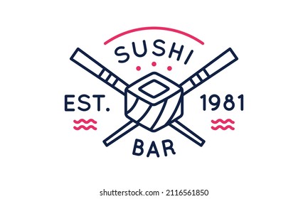 Logo de la barra de sushi, icono. Chopsticks cruzados e ícono de rollo de sushi diseñados para bares y restaurantes de sushi. Ilustración del vector	