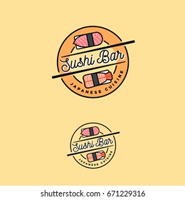 Sushi bar logo. Japanese cuisine emblem. Sushi and nigiri icons. Sushi and sticks with letters in the circle. Yellow background.