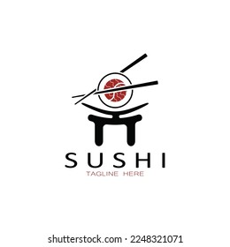 Logo de la barra de sushi. Cocina tradicional japonesa, delicioso ícono de comida. traducción de texto japonés, restaurante japonés, comida japonesa, ambiente japonés, pescado fresco sano.vectorial de barra de sushi asiática