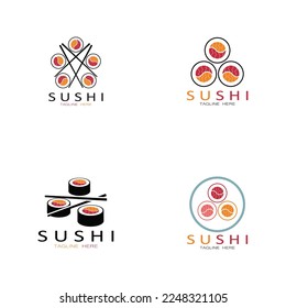 Logo de la barra de sushi. Cocina tradicional japonesa, delicioso ícono de comida. traducción de texto japonés, restaurante japonés, comida japonesa, ambiente japonés, pescado fresco sano.vectorial de barra de sushi asiática