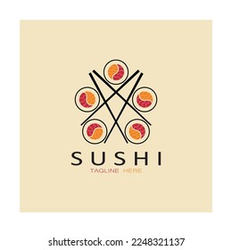 Sushi bar logo. Japanese traditional cuisine, tasty food icon. japanese text translation, japanese restaurant,japanese food,japanese feel,fresh fish healthy.asian sushi bar vector