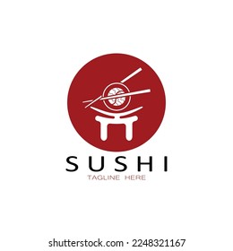 Logo de la barra de sushi. Cocina tradicional japonesa, delicioso ícono de comida. traducción de texto japonés, restaurante japonés, comida japonesa, ambiente japonés, pescado fresco sano.vectorial de barra de sushi asiática